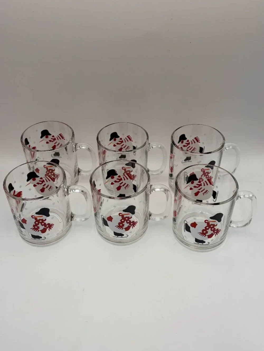 Crate & Barrel Snowman Glass Mugs Set of 6 | Holiday Winter Coffee Cups
